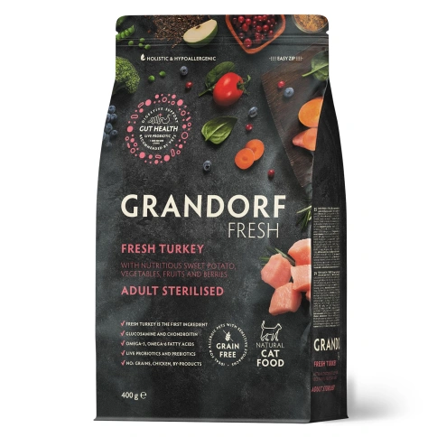 Сухой корм Grandorf Fresh Cat для стерилизованных кошек диетическая формула для особо аллергичных кошек индейка с бататом 400 г фото 1