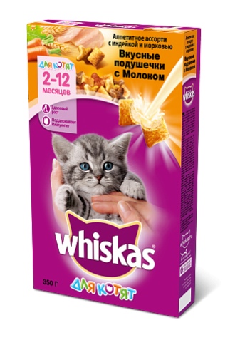 Whiskas сухой корм в форме вкусных подушечек с молоком, индейкой и морковью для котят от 2 до 12 месяцев - 350 гр фото 1