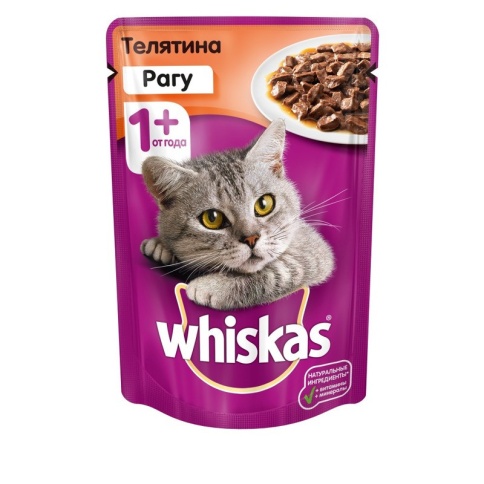 Whiskas паучи в форме рагу с телятиной для взрослых кошек от 1 года - 85 г фото 1