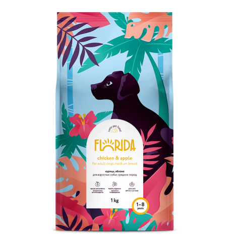 Florida сухой корм для взрослых собак средних пород с курицей и яблоком 1 кг фото 1