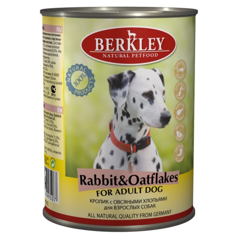 Berkley Adult Dog Rabbit & Oatflakes паштет для взрослых собак с натуральным мясом кролика, овсяными хлопьями - 400 г фото 1