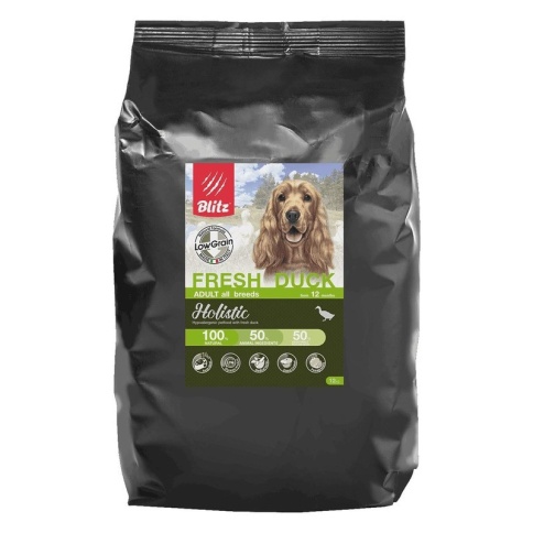 Сухой низкозерновой корм Blitz Adult для взрослых собак с уткой - 12 кг фото 1