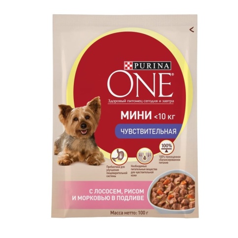 Влажный корм Purina ONE Мини Чувствительная для взрослых собак мелких пород с чувствительным пищеварением с лососем, рисом и морковью в подливе - 100 г фото 1