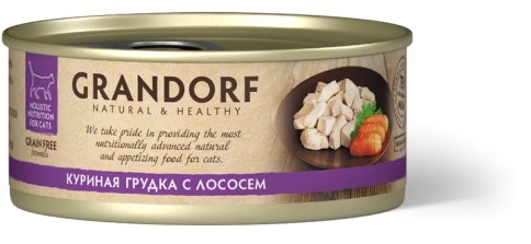 Влажный корм консервы Grandorf Chicken with salmon in broth Куриная грудка с лососем в бульоне, 70 г фото 1