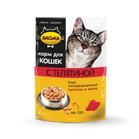 Влажный корм Васька кусочки в желе для кошек с нежной телятиной в паучах - 100 г фото 2