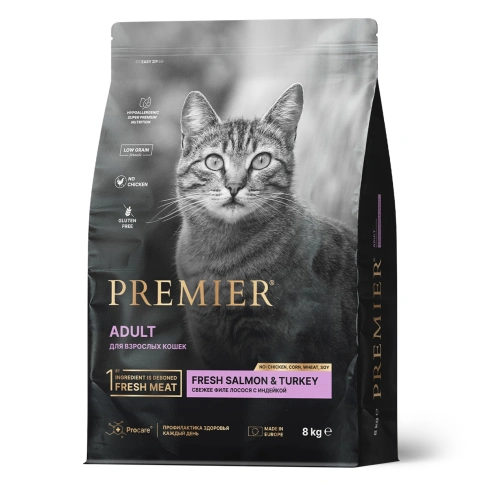 Сухой корм Premier Cat Salmon&Turkey ADULT для взрослых кошек свежее филе лосось с индейкой 8 кг фото 1