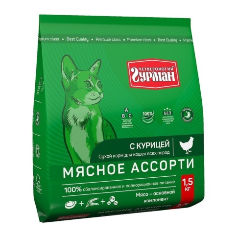 Сухой корм Четвероногий гурман Мясное ассорти для кошек с курицей 400 г фото 1