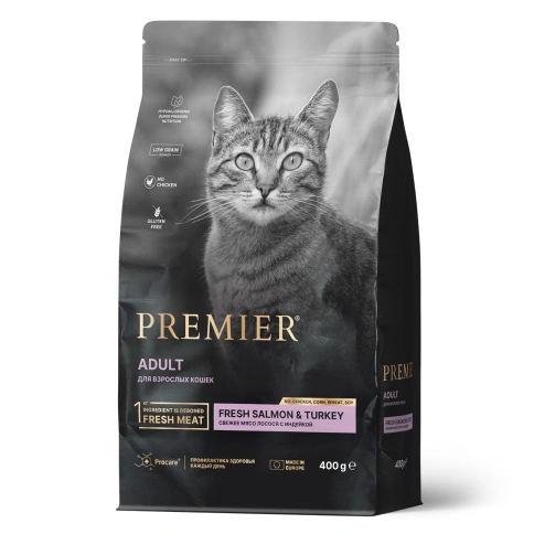 Сухой корм Premier Cat Salmon&Turkey ADULT для взрослых кошек свежее филе лосось с индейкой 400 г фото 1