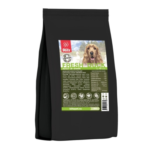 Сухой низкозерновой корм Blitz Adult для взрослых собак с уткой - 500 г фото 1