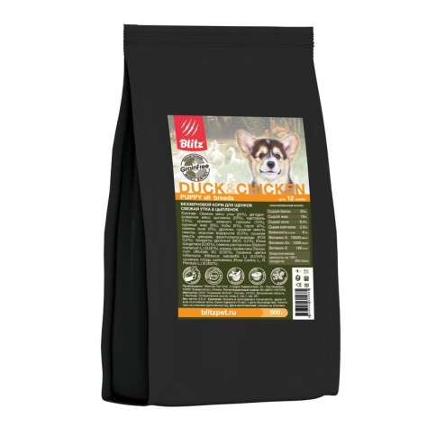 Сухой беззерновой корм Blitz Puppy для щенков с уткой и цыпленком - 500 г фото 1