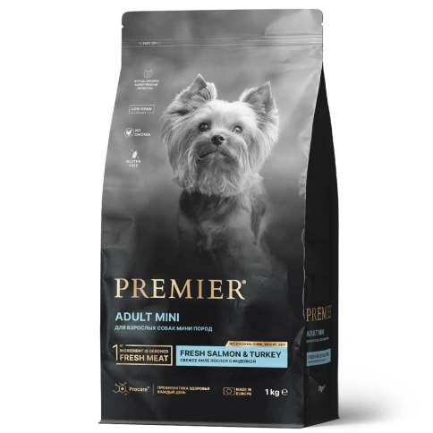 Сухой корм Premier Dog Salmon&Turkey ADULT Mini для собак мелких пород свежее филе лосось с индейкой 1 кг фото 1