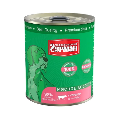 Полнорационный консервированный корм Четвероногий Гурман Мясное ассорти для собак с сердцем - 340 г фото 1