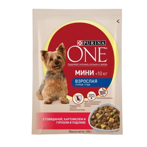 Влажный корм Purina ONE Мини Взрослая для взрослых собак мелких пород с говядиной, картофелем и горохом в подливе - 100 г фото 1
