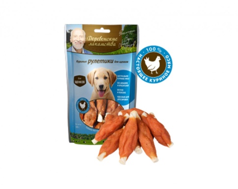 ДЕРЕВЕНСКИЕ ЛАКОМСТВА 100 % Мяса Куриные рулетики для щенков 90 гр фото 1
