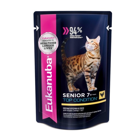 Влажный корм Eukanuba Cat Senior 7 + Years with Chicken для пожилых кошек старше 7 лет с кусочками курицы в соусе - 85 г фото 2