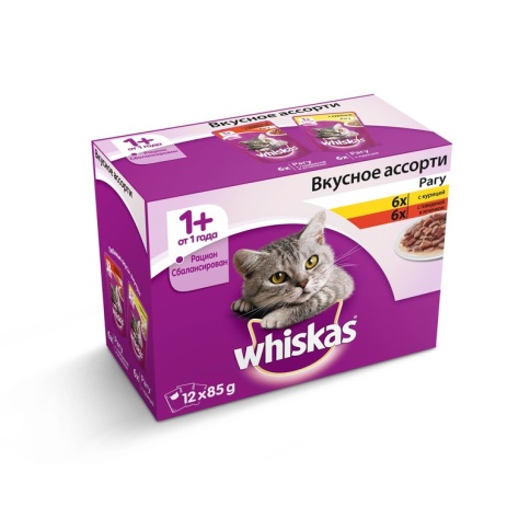 Whiskas набор-ассорти из влажных кормов для взрослых кошек в виде нежных мясных кусочков курицы и говядины с ягненком в аппетитном рагу - 85 г фото 1