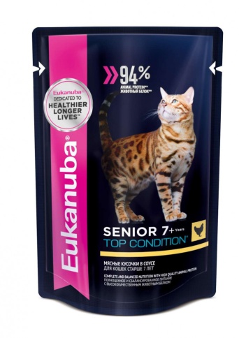 Влажный корм Eukanuba Cat Senior 7 + Years with Chicken для пожилых кошек старше 7 лет с кусочками курицы в соусе - 85 г фото 1