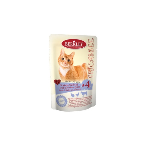 Berkley Fricassee Adult Cat Menu Rabbit Beef Chicken Fillet Herbs in Sauce №4 для взрослых кошек с кроликом, говядиной и куриным филе - 85 г фото 1