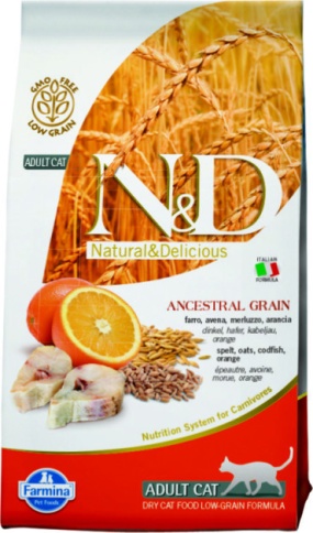 Farmina N&D Low - Grain Feline Codfish & Orange Adult низкозерновой сухой корм с треской и апельсином для взрослых котов и кошек - 10 кг фото 1