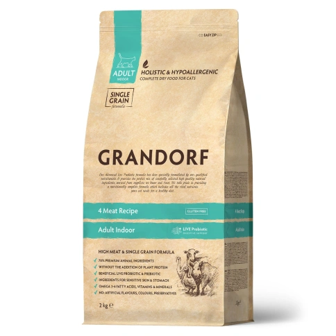 Сухой корм Grandorf 4 Meat Probiotic Indoor Четыре вида мяса для домашних кошек, 2 кг фото 1