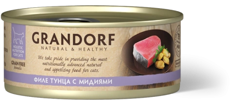 Влажный корм консервы Grandorf Tuna with mussel in broth Филе тунца с мидиями в бульоне, 70 г фото 1