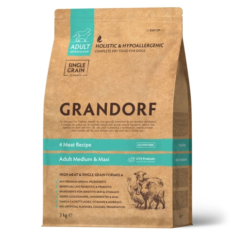 Сухой корм Grandorf 4 Meat Probiotic Med & Maxi Четыре вида мяса для взрослых собак средних и крупных пород, 3 кг фото 1
