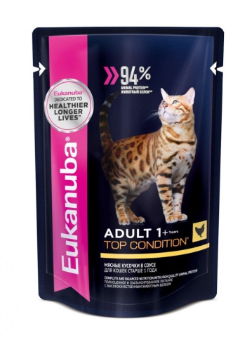 Влажный корм Eukanuba Adult Cat 1+ Years with Сhicken для взрослых кошек с кусочками курицы в соусе - 85 г фото 1