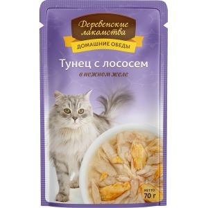 Деревенские лакомства влажный корм для кошек с тунцом и лососем в желе - 70 г фото 1