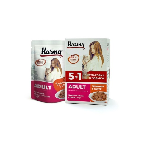 Karmy Adult влажный корм для кошек старше 1 года с телятиной в соусе - 480 г фото 1