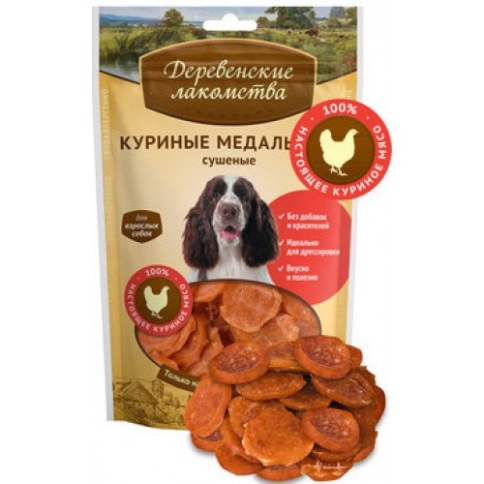 ДЕРЕВЕНСКИЕ ЛАКОМСТВА 100 % Мяса Куриные медальоны сушеные для собак 90 гр фото 1