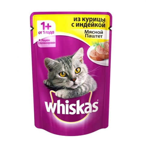 Whiskas паучи в форме мясного паштета с курицей и индейкой для взрослых кошек от 1 года - 85 г фото 1
