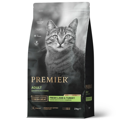 Сухой корм Premier Cat Lamb&Turkey ADULT для взрослых кошек свежее мясо ягненок с индейкой 2 кг фото 1