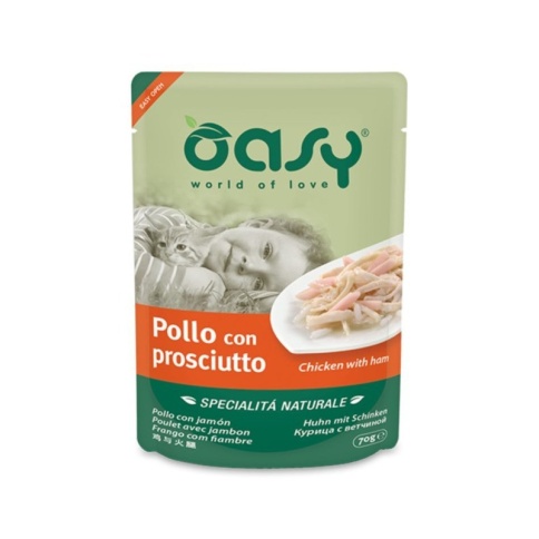Oasy Wet cat Specialita Naturali Chicken Ham дополнительное питание для кошек с курицей и ветчиной в паучах - 70 г фото 1