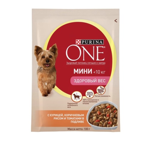 Влажный корм Purina ONE Мини Здоровый вес для взрослых собак мелких пород для поддержания оптимального веса с курицей, коричневым рисом и томатами в подливе - 100 г фото 1