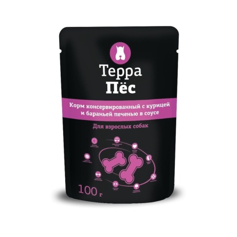 Терра Пёс влажный корм для взрослых собак всех пород с курицей и бараньей печенью в соусе - 100 г фото 1