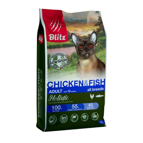 Blitz Holistic Cat Adult сухой низкозерновой корм для взрослых кошек с курицей и рыбой - 1,5 кг фото 1