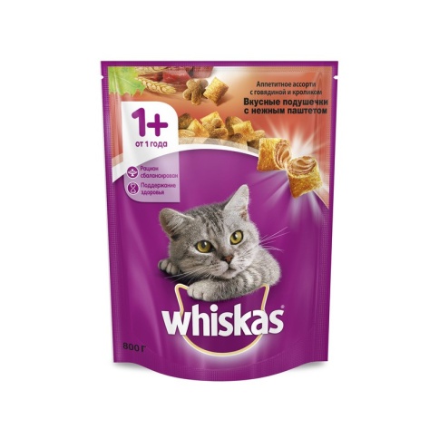 Whiskas сухой корм для взрослых кошек с говядиной и кроликом - 800 г фото 1