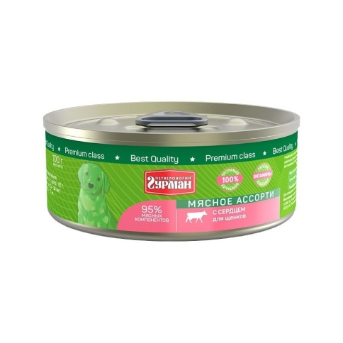 Четвероногий Гурман Мясное ассорти консервированный корм с сердцем для щенков - 100 г (24 шт) фото 1