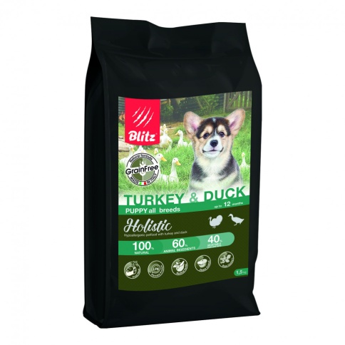Blitz Adult сухой беззерновой корм для щенков с индейкой и уткой - 1,5 кг фото 1