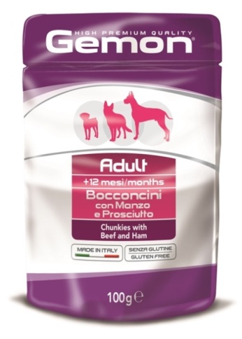 Gemon Dog Pouch паучи для собак кусочки говядины с ветчиной - 100 г фото 1