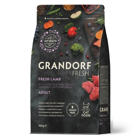 Сухой корм Grandorf Fresh Cat для взрослых кошек чувствительное пищеварение или склонность к аллергии ягненок с бататом 400 г фото 1