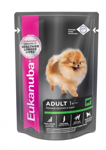 Влажный корм Eukanuba Adult Dog для взрослых собак с кусочками говядины в соусе в паучах - 100 г фото 1