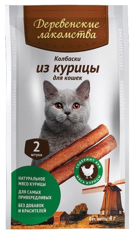 ДЕРЕВЕНСКИЕ ЛАКОМСТВА Мясные мини колбаски из курицы для кошек 100 шт по 4 гр. фото 1