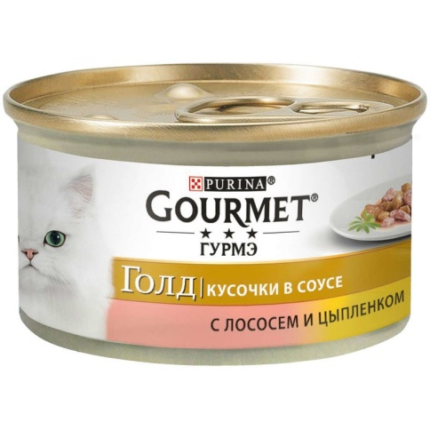 Консервы Gourmet Gold для взрослых кошек кусочки в соусе с лососем и цыпленком - 85 г фото 2