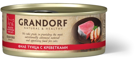 Влажный корм консервы Grandorf Tuna with prawn in broth Филе тунца с креветками в бульоне, 70 г фото 1