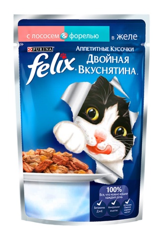 Паучи Felix Двойная вкуснятина для взрослых кошек аппетитные кусочки с лососем и форелью в желе - 85 г фото 1
