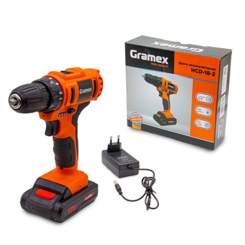 Дрель аккумуляторная Gramex HCD-18-2 (18В, пат-10мм, 2 скорости, аккум Li-Ion 2,0 А/ч) картон, 1 акк (1/10) фото 1