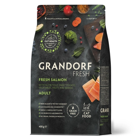 Сухой корм Grandorf Fresh Cat для взрослых кошек для здоровья кожи и шерсти или склонных к аллергии лосось с бататом 400 г фото 1