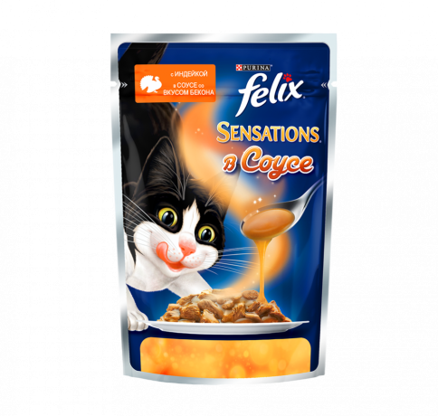 Паучи Felix Sensations для взрослых кошек с индейкой и беконом в соусе - 85 г фото 1