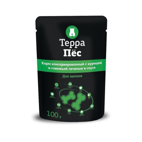 Терра Пёс влажный корм для щенков всех пород с курицей и говяжьей печенью в соусе - 100 г фото 1
